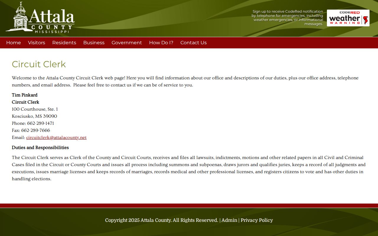 Attala County Circuit Clerk release record contact page